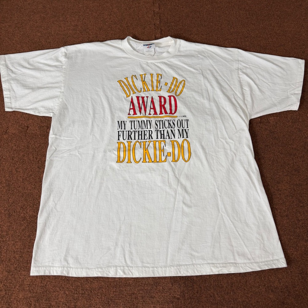 Vintage 1993 Jerzees Dickie-Do Award Graphic T-Shirt Mens XL White Funny Novelty
